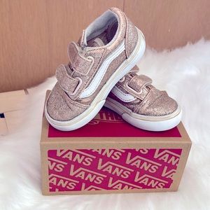 Vans Toddler Old Skool V Rose Gold Glitter Velcro Shoes Size 5